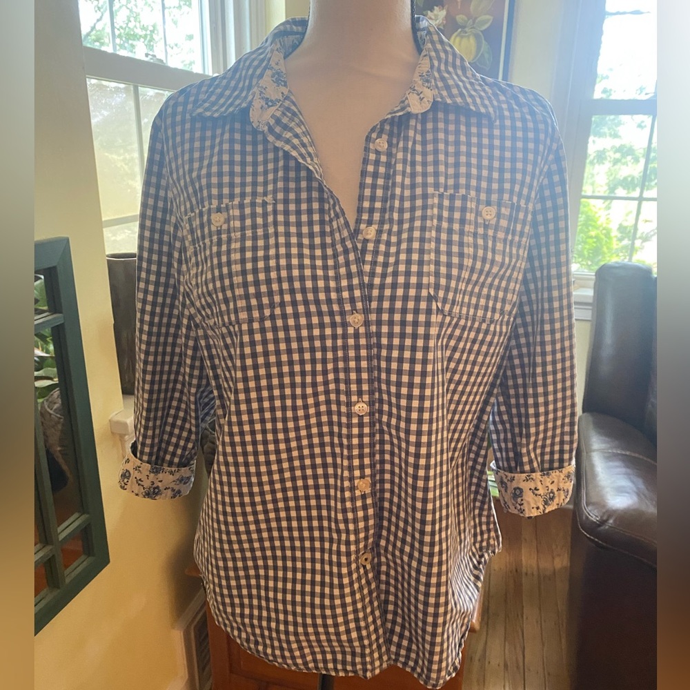 Bass Heritage Shirtings Casual Button Down Blue Gingham Contrast Floral Cuff L